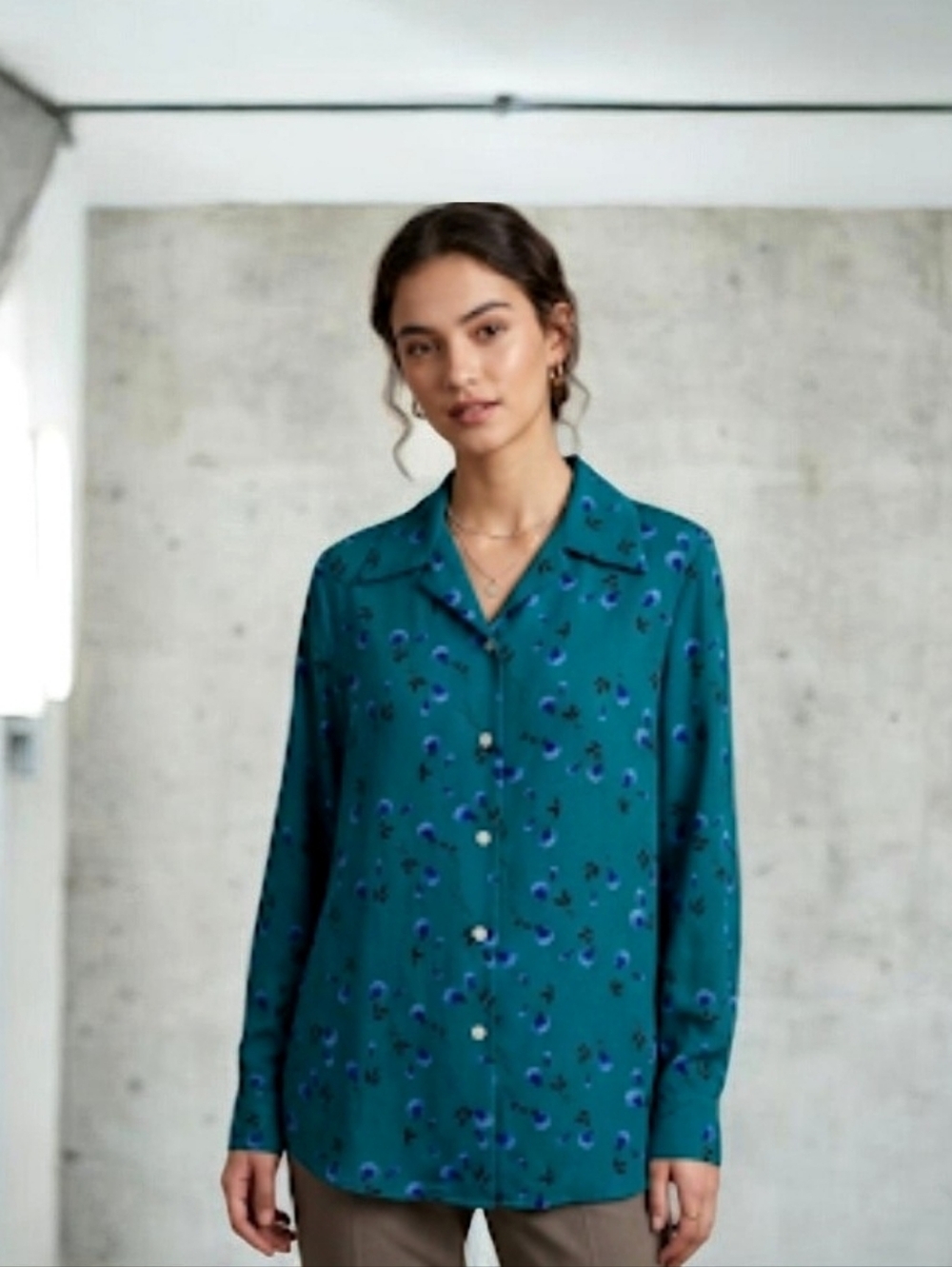 Halston Blouses Floral Top Teal Blue Button Front Sz 10 NWT